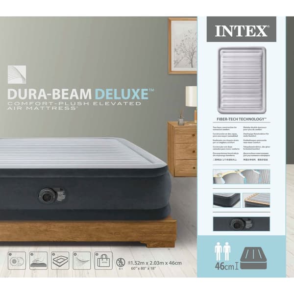 Intex Airbed - 2-Person - 152 x 203 x 46 cm - Grå - Med indbygget pumpe + Monteringslag antracit + Reparationssæt