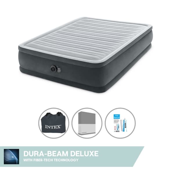 Intex Airbed - 2-Person - 152 x 203 x 46 cm - Grå - Med indbygget pumpe + Monteringslag antracit + Reparationssæt