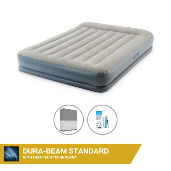 Intex Airbed - 2-Person - 152 x 203 x 30 cm - Grå - Med indbygget pumpe + Monteringslag antracit + Reparationssæt