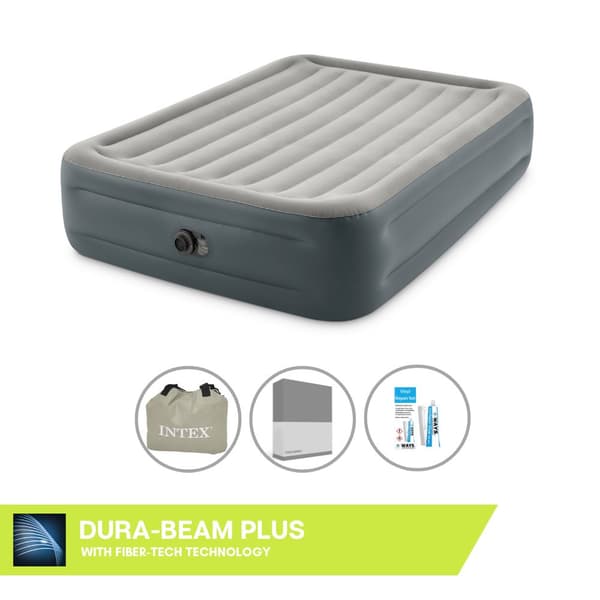 Intex Airbed - 2-Person - 152 x 203 x 46 cm - Grå - Med indbygget pumpe + Monteringslag antracit + Reparationssæt