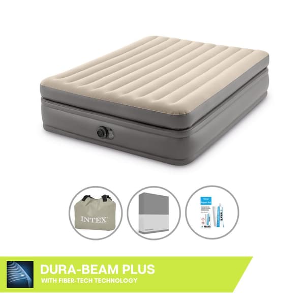 Intex Airbed - 2-Person - 152 x 203 x 51 cm - Grå - Med indbygget pumpe + Monteringslag antracit + Reparationssæt