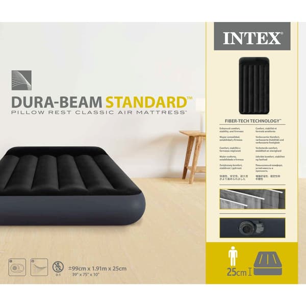 Intex luftseng - 1-person - 99 x 191 x 25 cm - Blå - Med indbygget pumpe, sort dæklag og reparationssæt
