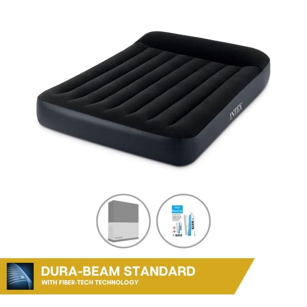 Intex Airbed - Dobbeltseng - 137 x 191 x 25 cm - Blå - Med indbygget pumpe, Monteringslagen antracit og reparationssæt