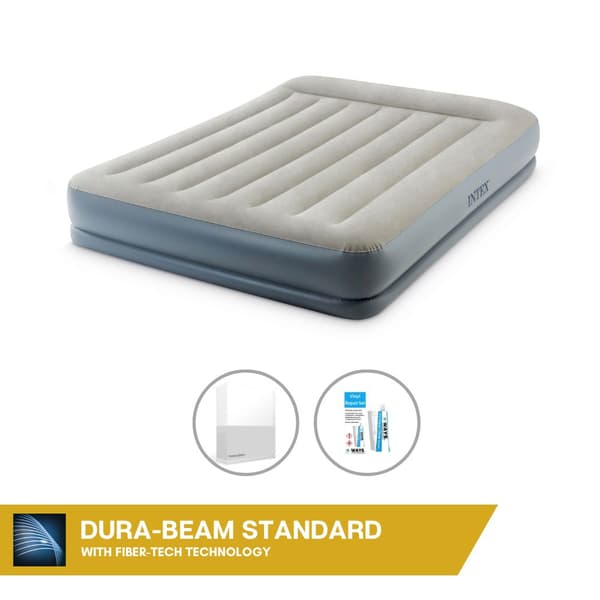 Intex Airbed - 2-Person - 152 x 203 x 30 cm - Grå - Med indbygget pumpe, Monteringslagen Hvid og Reparationssæt