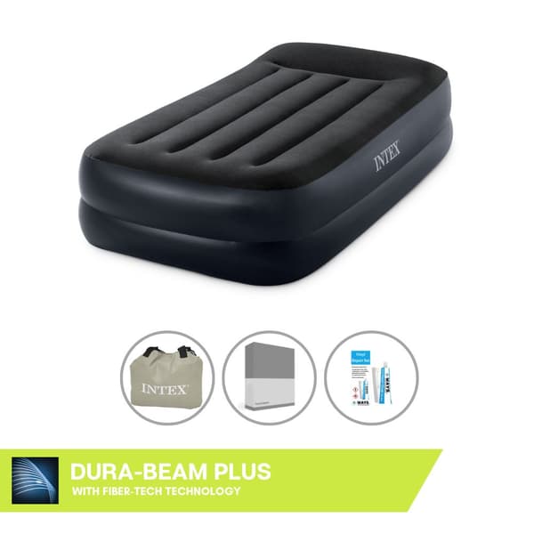 Intex luftseng - 1-person - 99 x 191 x 46 cm - Blå - Med pumpe, monteret lagen antracit og reparationssæt