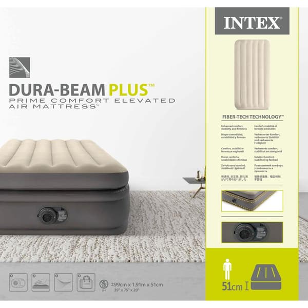 Intex Airbed - 1-Person - 99 x 191 x 51 cm - Grå - Med indbygget pumpe, Monteringslagen Hvid og Reparationssæt