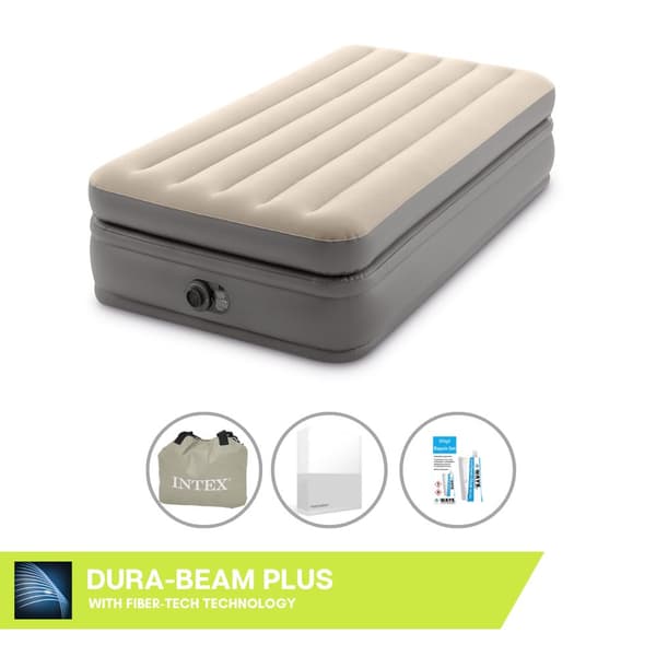 Intex Airbed - 1-Person - 99 x 191 x 51 cm - Grå - Med indbygget pumpe, Monteringslagen Hvid og Reparationssæt