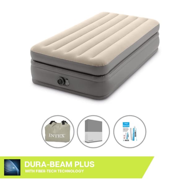 Intex Airbed - 1-Person - 99 x 191 x 51 cm - Grå - Med indbygget pumpe, Monteringslag antracit og Reparationssæt