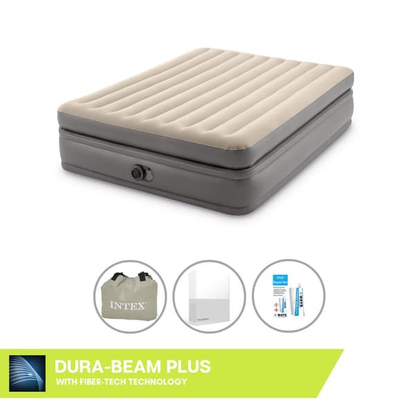 Intex Airbed - 2 hengen - 152 x 203 x 51 cm - Harmaa - Sisäänrakennetulla pumpulla, Kiinnitetty lakana Valkoinen ja Korjaussetti