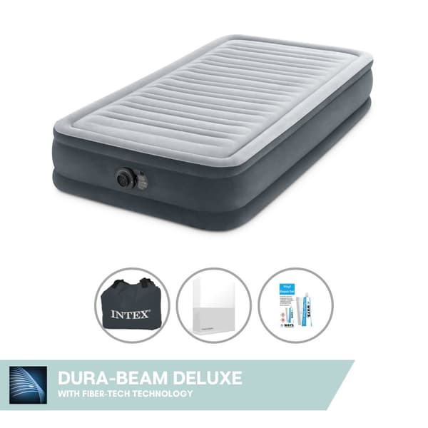 Intex Airbed - 1 henkilö - 99 x 191 x 33 cm - Harmaa - Sisäänrakennettu pumppu, Kiinnitetty lakana Valkoinen ja Korjaussetti