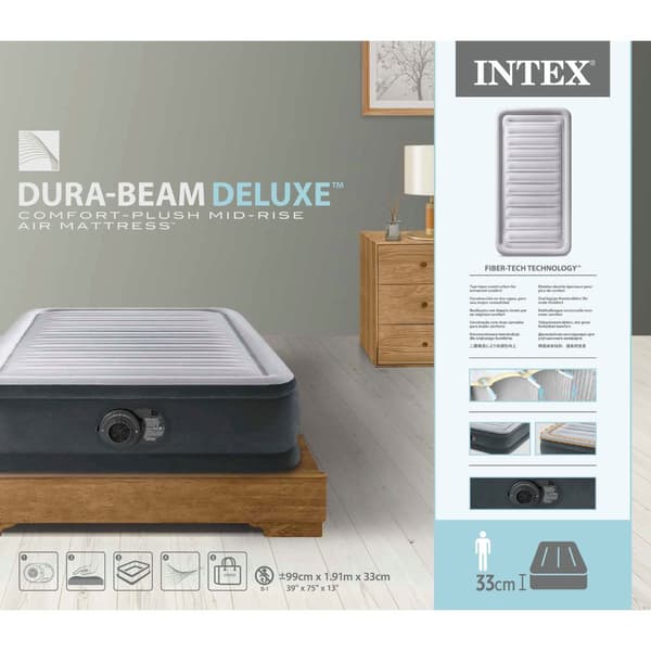 Intex luftseng - 1 person - 99 x 191 x 33 cm - Grå - Med indbygget pumpe, monteret lagen antracit og reparationssæt