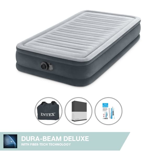Intex Airbed - 1 henkilö - 99 x 191 x 33 cm - Harmaa - Sisäänrakennettu pumppu, Mukana lakana musta ja korjaussarja