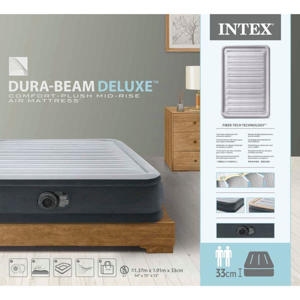 Intex Air Bed - Dobbeltseng - 137 x 191 x 33 cm - Grå - Med indbygget pumpe, Påsyet lagen Hvid og Reparationssæt