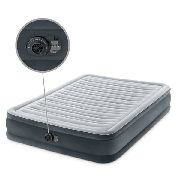 Intex Air Bed - Dobbeltseng - 137 x 191 x 33 cm - Grå - Med indbygget pumpe, Påsyet lagen Hvid og Reparationssæt