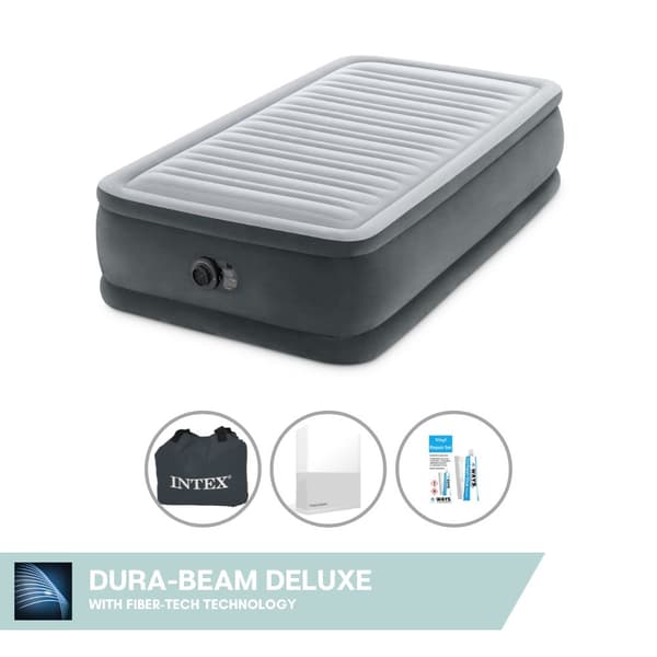 Intex Airbed - 1-Person - 99 x 191 x 46 cm - Grå - Med indbygget pumpe, Monteringslagen Hvid og Reparationssæt