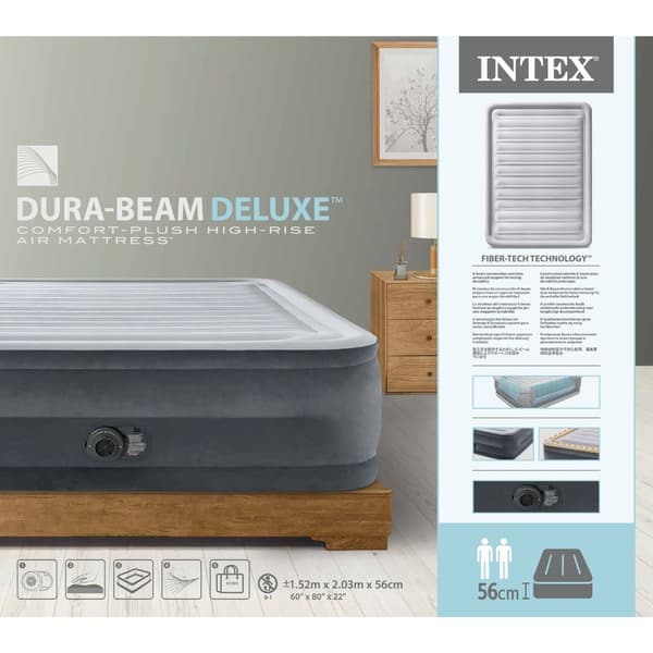 Intex luftseng - 2-personers - 152 x 203 x 33 cm - Grå - Med indbygget pumpe, Monteringslagen Hvid og Reparationssæt