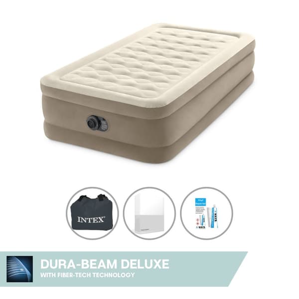 Intex luftseng - 1-person - 99 x 191 x 46 cm - Beige - Med indbygget pumpe, Hvidt dæklag og reparationssæt