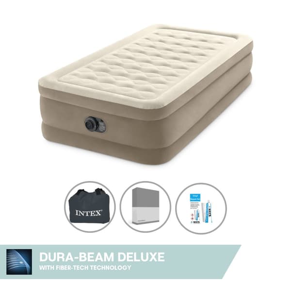Intex Airbed - 1-Person - 99 x 191 x 46 cm - Beige - Med indbygget pumpe, Monteringslagen antracit og reparationssæt
