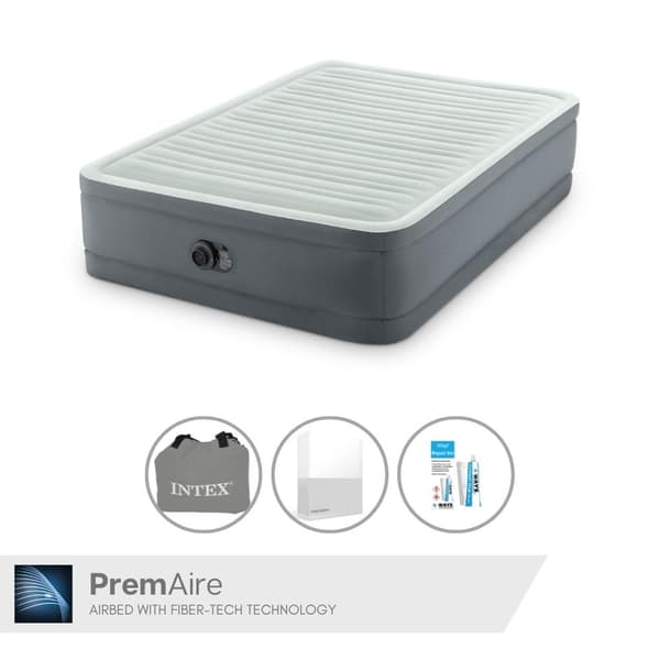 Intex Airbed - Dobbeltseng - 137 x 191 x 36 cm - Grå - Med elektrisk pumpe, Hvidt lagden og reparationssæt