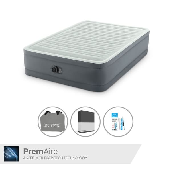 Intex Airbed - Queen size seng - 137 x 191 x 36 cm - Grå - Med elektrisk pumpe, monteret lagen Sort og reparationssæt