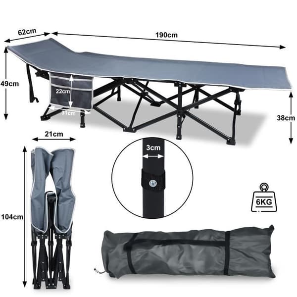 Hopfällbar campingsäng - XMTECH - 190x62x38cm - Max belastning 250KG - 600D Oxford-tyg