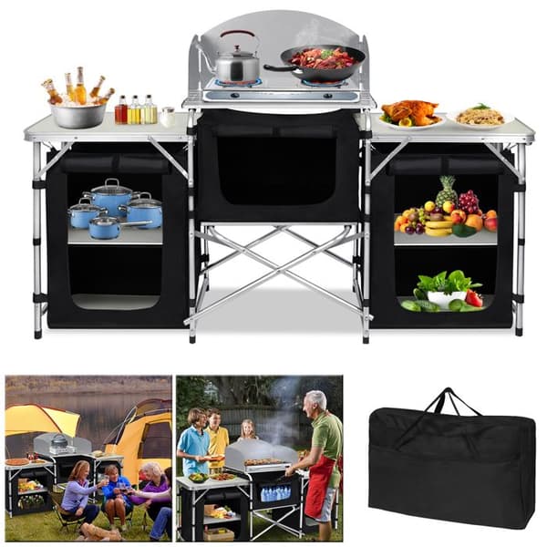 XMTECH utekök, hopfällbart campingkök, campingförvaringsenhet med 6 förvaringsskåp, 174,5x46x110cm