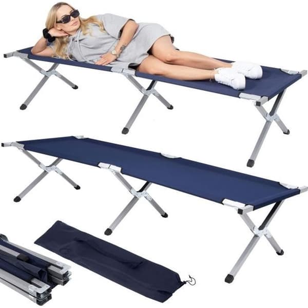 Campingsäng - SPRINGOS - 74 x 190,5 cm - Max belastning 150 kg - Fällbar - Marinblå färg
