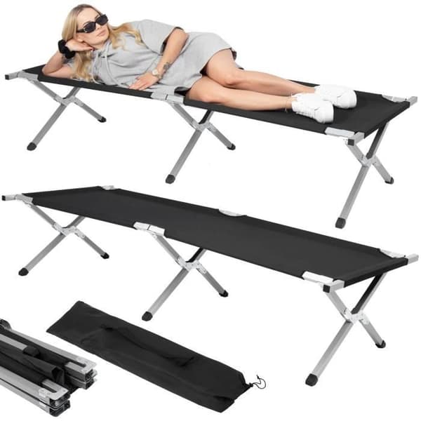 Campingsäng - SPRINGOS - 74 x 190,5 cm - Svart - Max belastning 150 kg - Enkel hopfällning