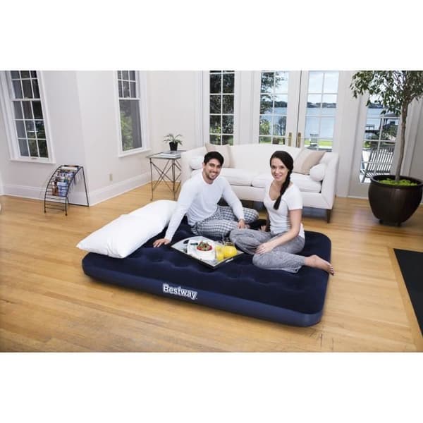 BESTWAY Horizon dubbelflockad uppblåsbar madrass + Sidewinder elektrisk pump + väska - 2-sits - Blå