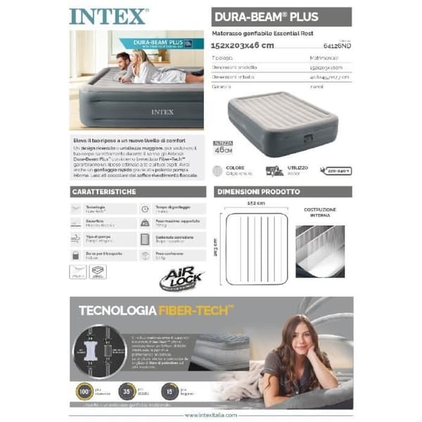 INTEX Essential Rest dubbelmadrass - Uppblåsbar säng - med elektrisk pump - för inomhusbruk - PVC - Grå - 152x203x46 cm