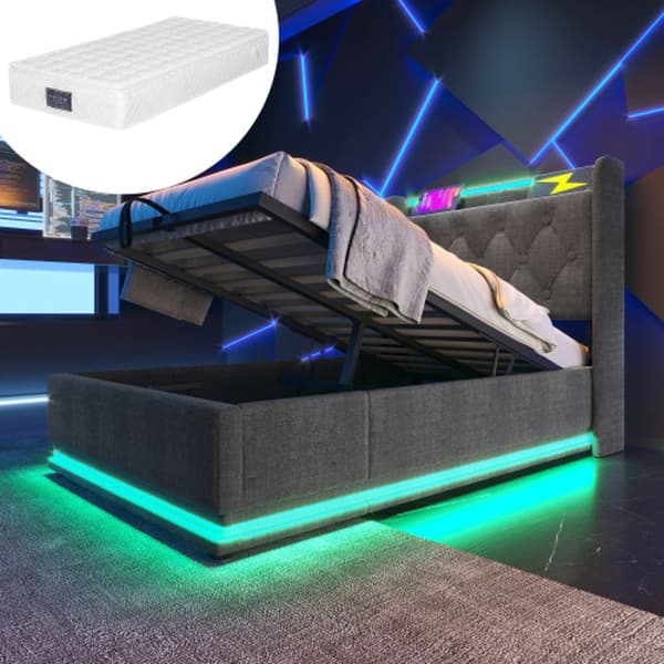 LED 360 Surroundfunktion, 90*200 cm, grå linne hydraulisk campingsäng med USB Type-C laddning (med madrass).