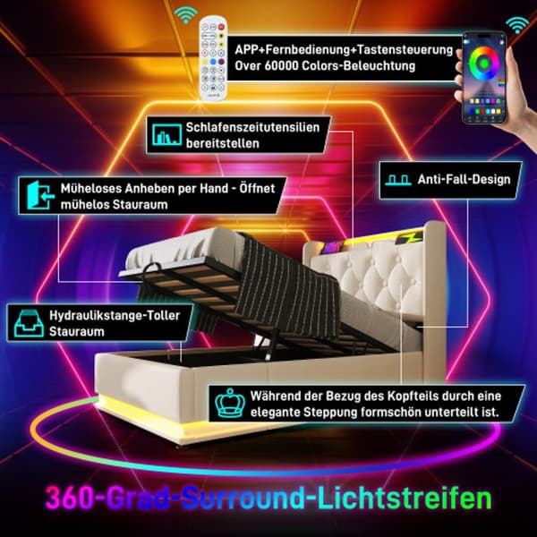 90*200 cm, vit camping säng, vadderad huvudgavel med USB Type-C laddning (madrass ingår ej).