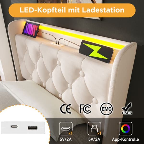 90*200 cm, vit camping säng, vadderad huvudgavel med USB Type-C laddning (madrass ingår ej).