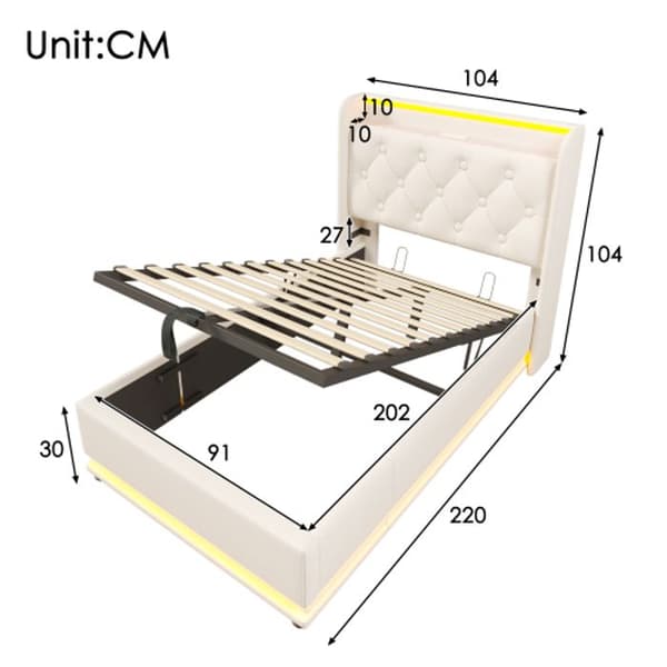 90*200 cm, vit camping säng, vadderad huvudgavel med USB Type-C laddning (madrass ingår ej).