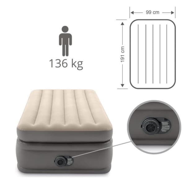 Intex Prime Comfort uppblåsbar madrass för 1 person 99x191x51 cm Grå med integrerad motorpump