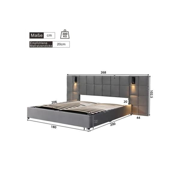 Uppfyllt säng, hydraulisk säng med förvaring och riktat belysning samt USB-laddning, sammet, 180*200 cm, grå.