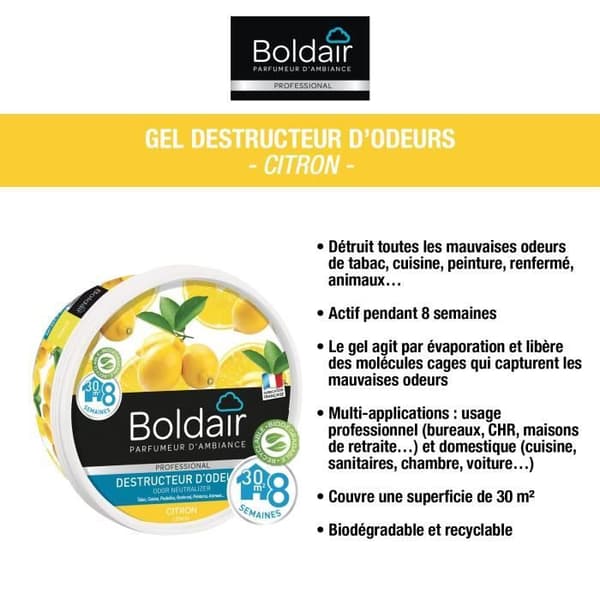 BOLDAIR - Citronluktförstörande gel - Neutraliserar lukter - parfymer - varaktighet 8 veckor - 300g - Tillverkad i Frankrike