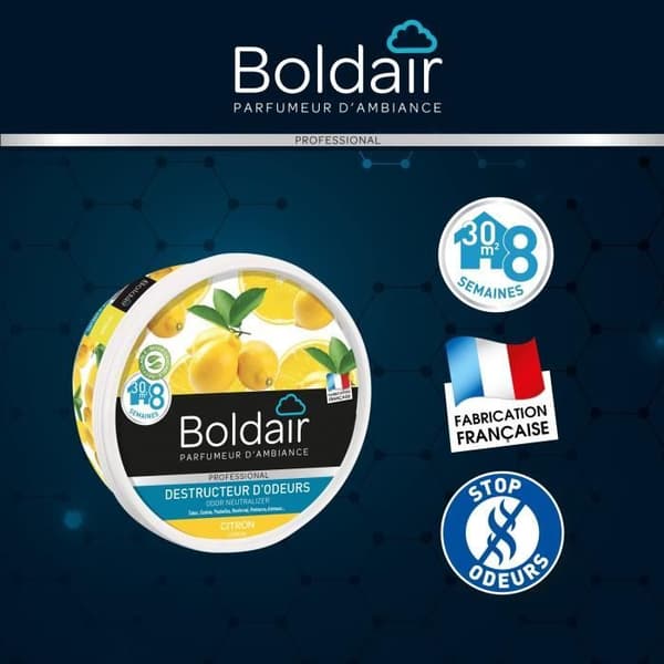 BOLDAIR - Citronluktförstörande gel - Neutraliserar lukter - parfymer - varaktighet 8 veckor - 300g - Tillverkad i Frankrike