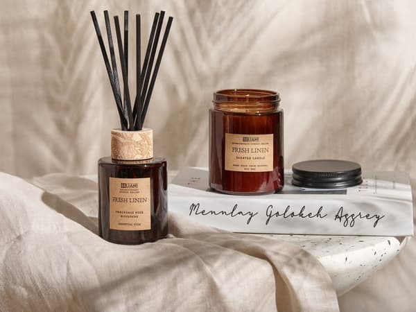 Sett med duftlys og duftpinner Fresh linen 100% soyavoks Bomullsveke Glassbeholder Duftsett Tilbehør Dekorasjon Stearinlys