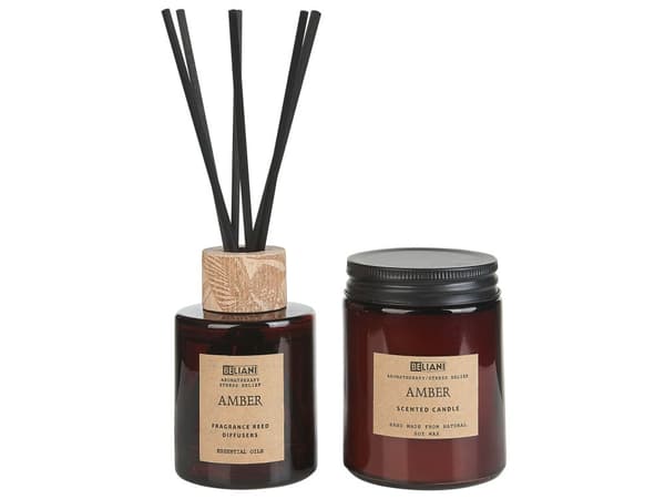 Sett med duftlys og duftpinner Amber 100% soyavoks Bomullsveke Glassbeholder Duftsett Tilbehør Dekorasjon Stearinlys