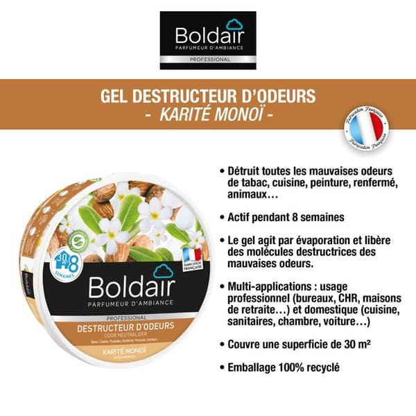 BOLDAIR - Gel förstörande av lukt Karité monoï - Neutraliserar dofter - parfum - varaktighet 8 veckor - 300g - Tillverkad i Frankrike