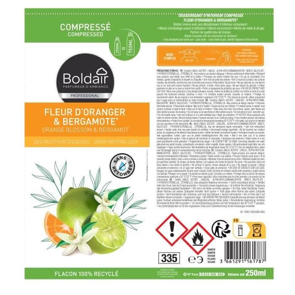 BOLDAIR -Oft förstörare och parfymörer -Komprimerat format -Apelsinblomma &amp; bergamottdoft -250ML -Fransk tillverkning