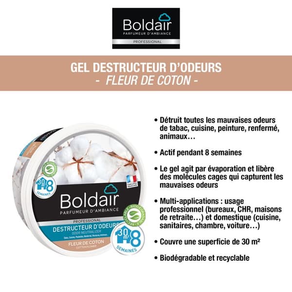 BOLDAIR - Bomullsblomma luktförstörande gel - Neutraliserar lukter - parfymer - varaktighet 8 veckor - 300g - Tillverkad i Frankrike