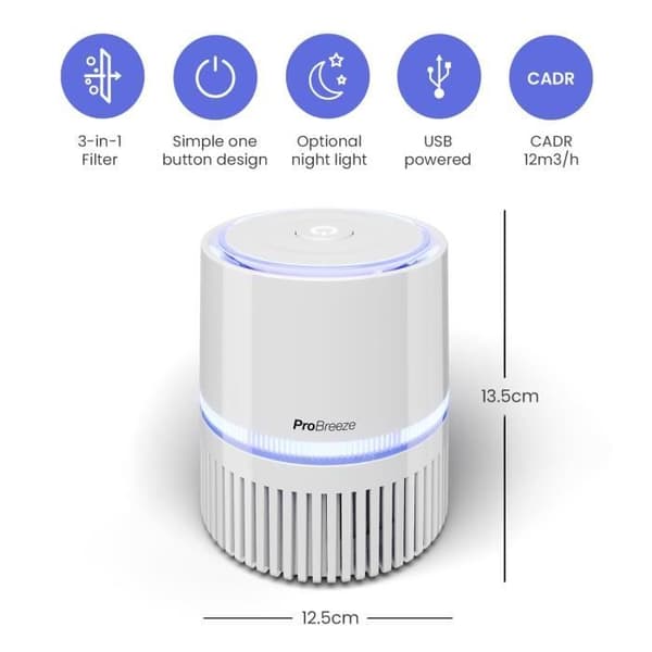Pro Breeze Mini 3-i-1 luftrenare - luftjonisator med äkta HEPA-filter, USB och nätström