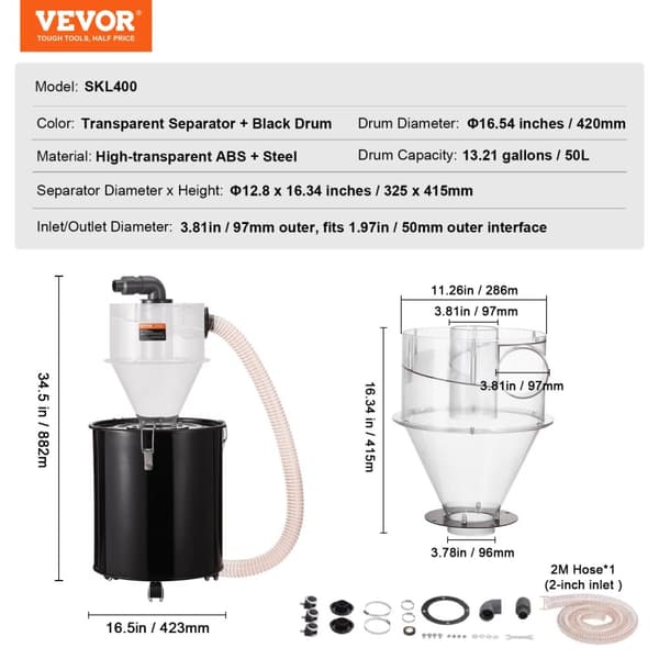 VEVOR Cyclone Dammsugarseparator, 50L Tunnkapacitet, Hållbar ABS-konstruktion,transparent