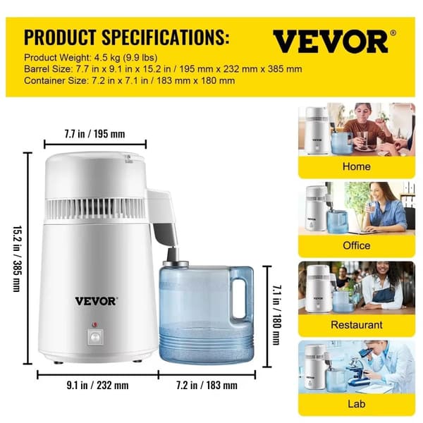 VEVOR-vesidestilleri, 4L kapasiteetti, 304 ruostumaton teräsrakenteinen,4L
