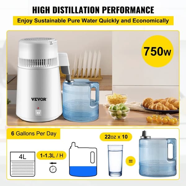 Vanddestillator, 4L kapacitet, 750W effekt, rustfrit stål konstruktion