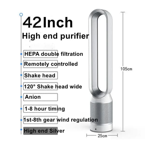 Bladeless ventilator, HEPA-filtrering, fjernbetjening,42 tommer sort, EU