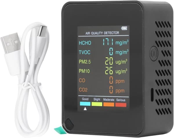 OBOSOE luftkvalitetsmonitor med LCD-skærm - Bærbar CO2, TVOC, HCHO, PM2.5, PM10 indendørs detektor, USB-genopladelig, ABS-materiale