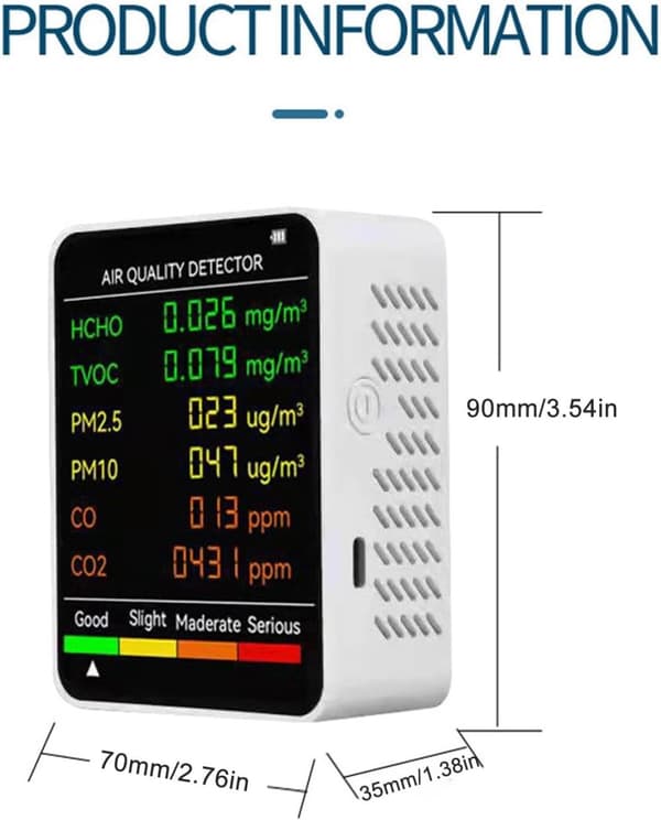 OBOSOE luftkvalitetsmonitor med LCD-skærm - Bærbar CO2, TVOC, HCHO, PM2.5, PM10 indendørs detektor, USB-genopladelig, ABS-materiale